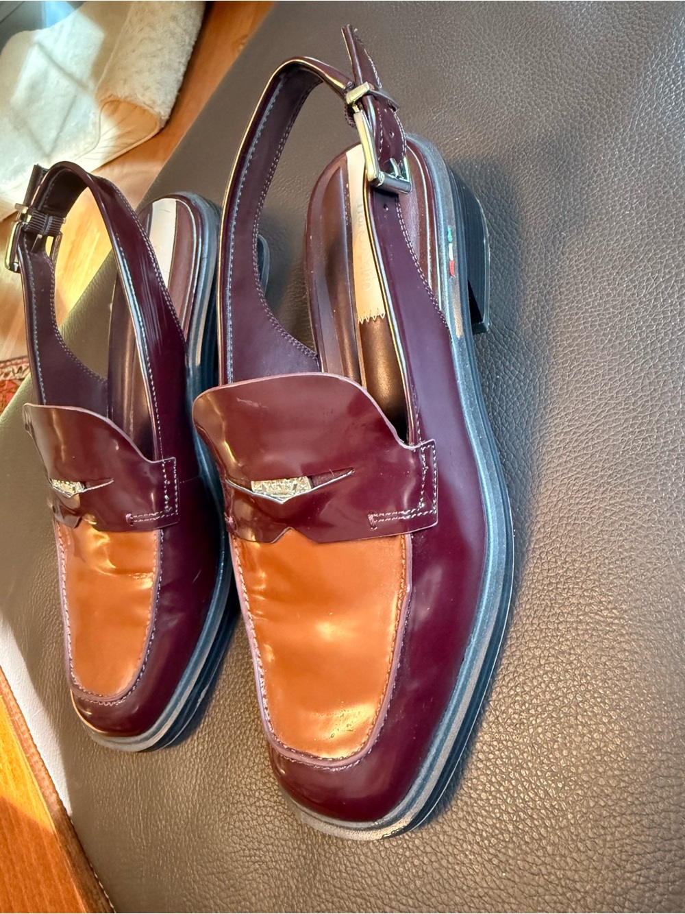 Franco Sarto Two-Tone Slingback Loafers in Burgundy and Tan